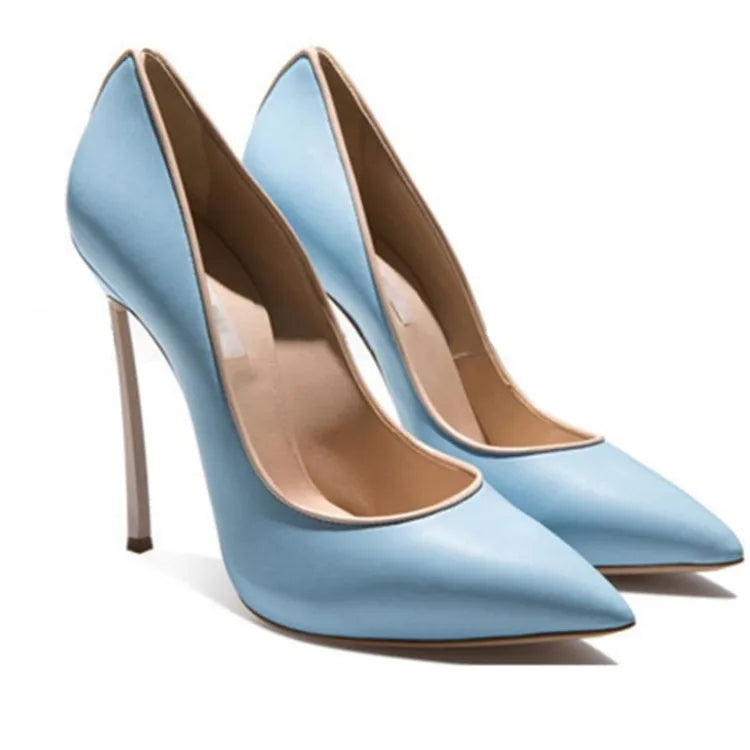 Spring and Autumn New Pointed Shallow Leather Single Shoes Metal Fine High Heel Banquet Dress Customized Large Size Women's Shoe