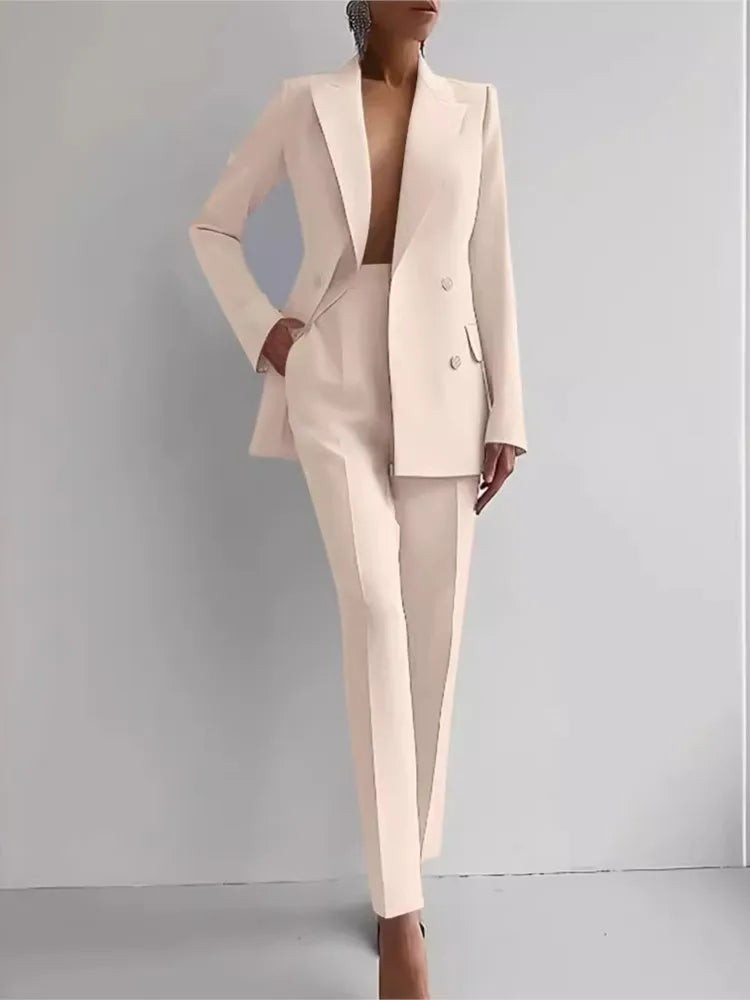 Spring Casual Long Sleeve Two Piece Blazer Pants Suit For Women Office Wear