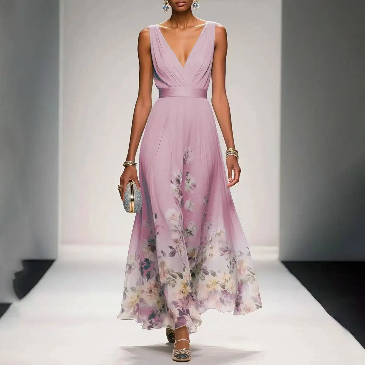 New Fashion Party Dresses Summer Women's Sexy Deep V Neck Floral Print Ruffle Sleeveless High Waist A Line Beach Dress Vestidos
