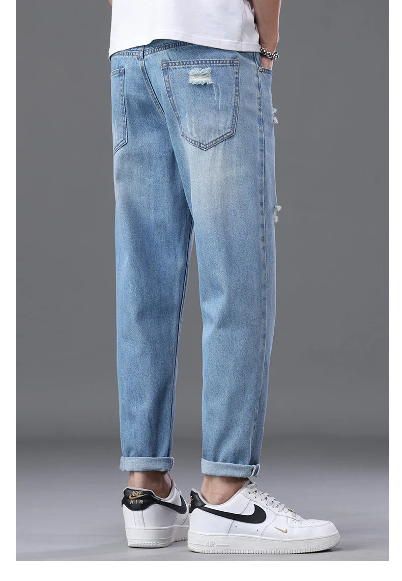 2026 Spring Summer Men's Ripped Jeans Cotton Trendy Straight Casual Denim Pants Trousers Outdoor Pastoral Outing