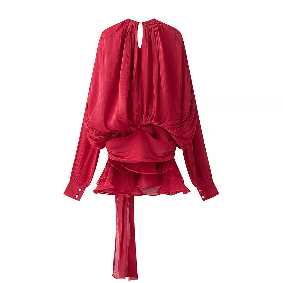Dress Set Sweet Women Top Elegant Lantern Yarn Dress Women Spring New Short Waist Cinched Irregular Ruffle Edge Tie 9D6O