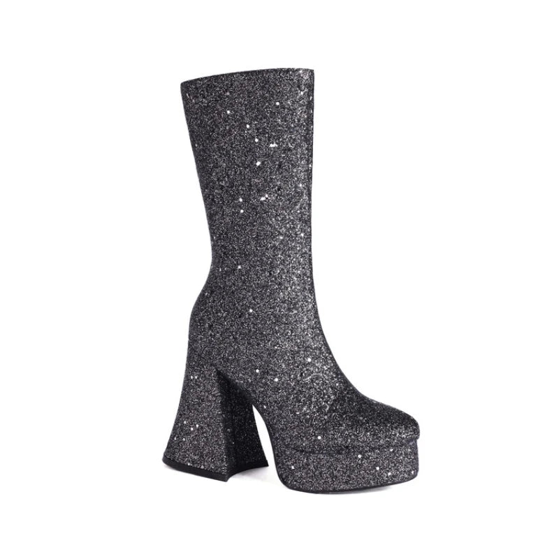 Ochanmeb Women Gold Sequins Boots Platforms Super High Chunky Heels Pink Mid-Calf Boots Gothic Zipper Woman Silver Glitter Shoes