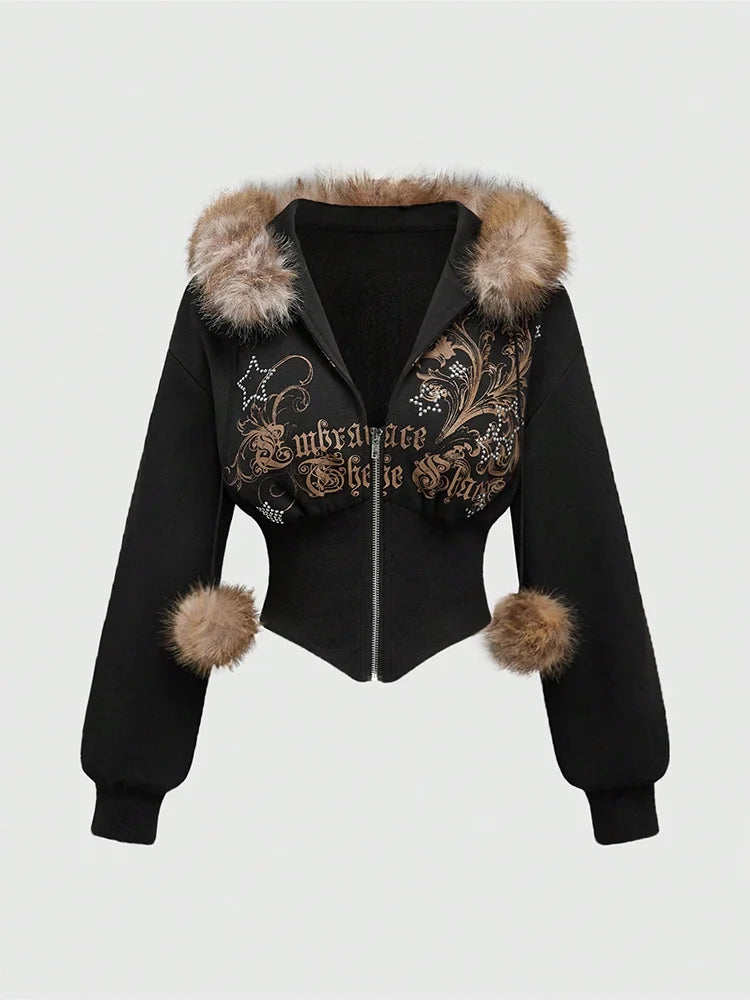 Winter Warm Gothic Print Hoodie Women's Clothin Faux Fur Crop Top Zip-Up Sweatshirt Fashion Y2K Streetwear Hooded Jacket 2026New