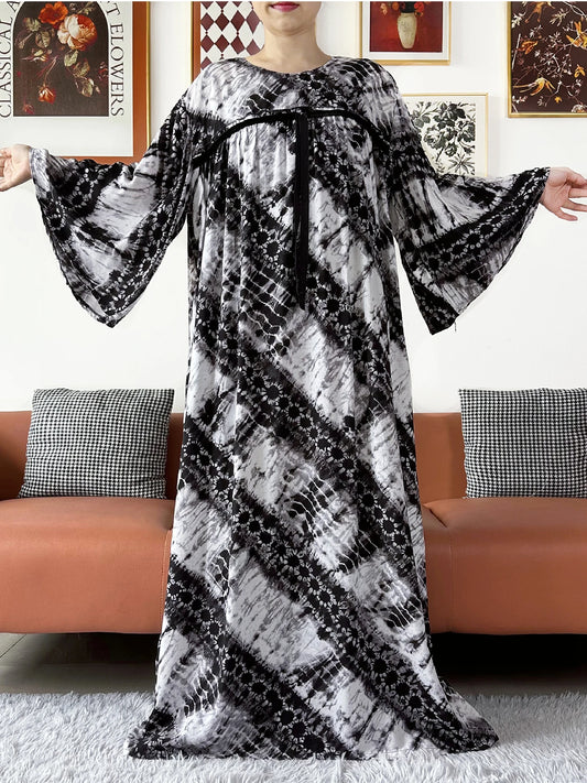 African Women Long Sleeve Cotton Dress Tie-dye Printed Women Dashiki Kaftan Robe Loose Comfortable Long Abaya Muslim Boudou
