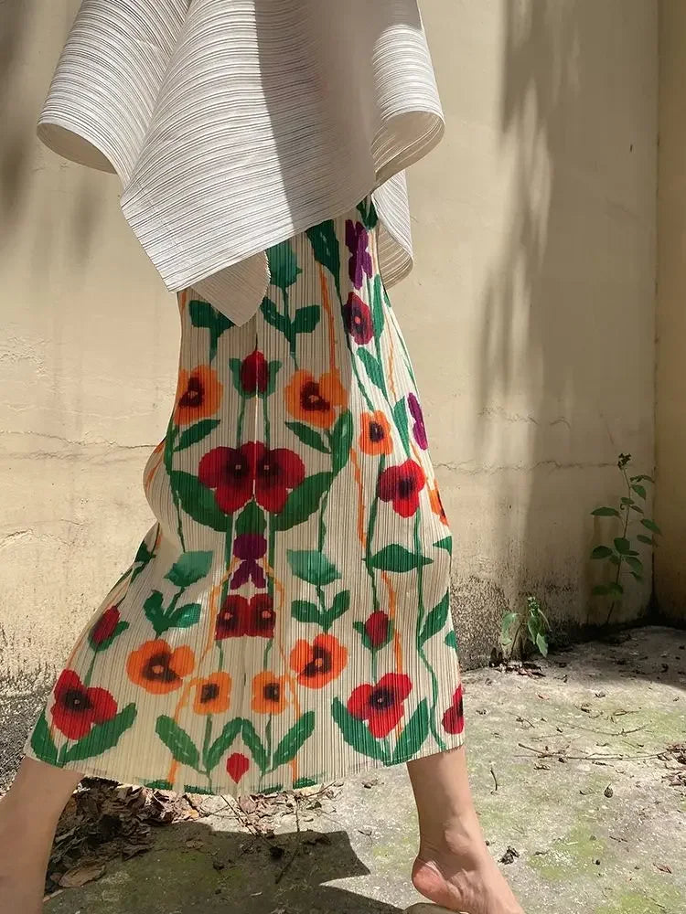 Midi Print Skirts Women Vintage Summer Holiday Back-slit Mujer Aesthetic Prairie Style Office Lady Ins Temperament Casual Daily