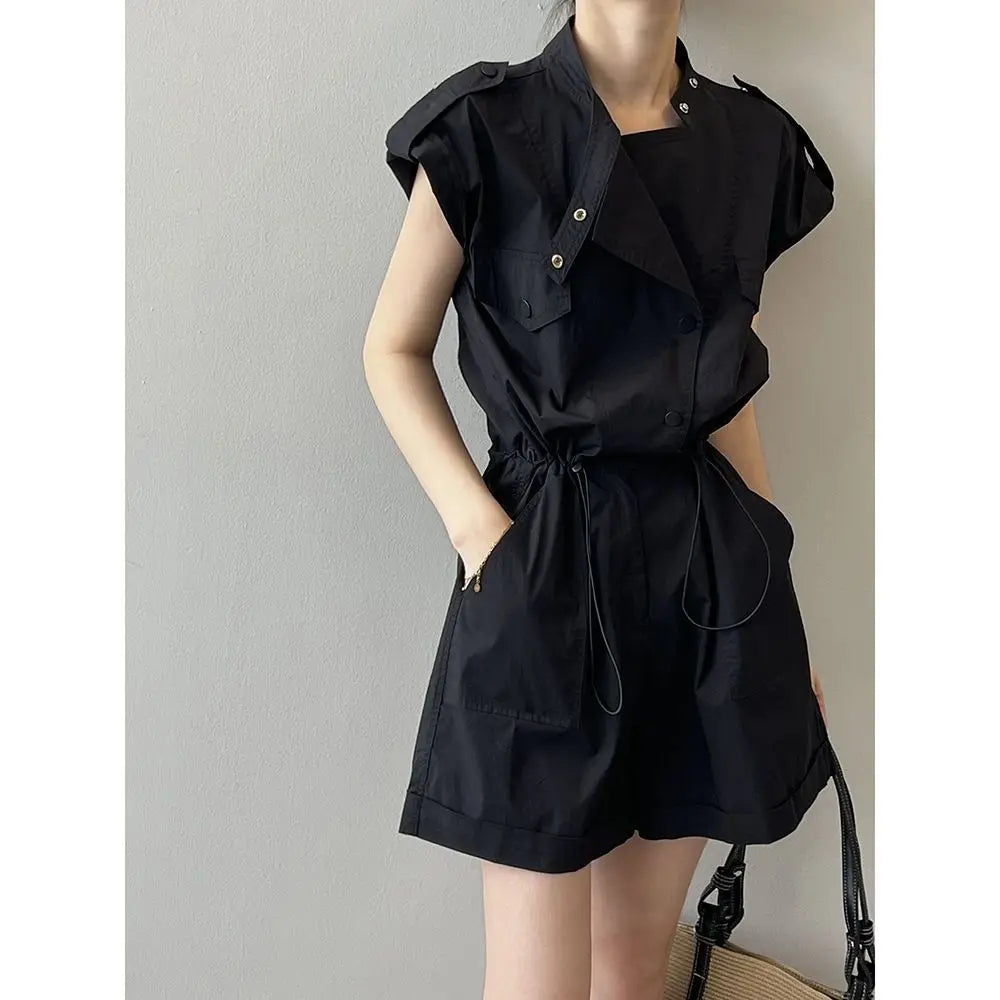 Fashionable Thin Short Pants Jumpsuit Set High Waist Commute Style Tassel Detail Straight Leg Jumpsuit for Summer