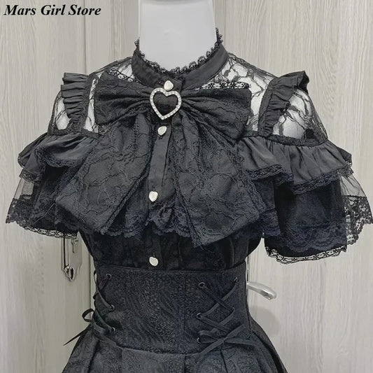 Japanese Kawaii Shirts Women Lolita Cute Bow Short Sleeve Blouse Elegant Long Sleeve Sweet Tops Y2K Aesthetic Streetwear Tees