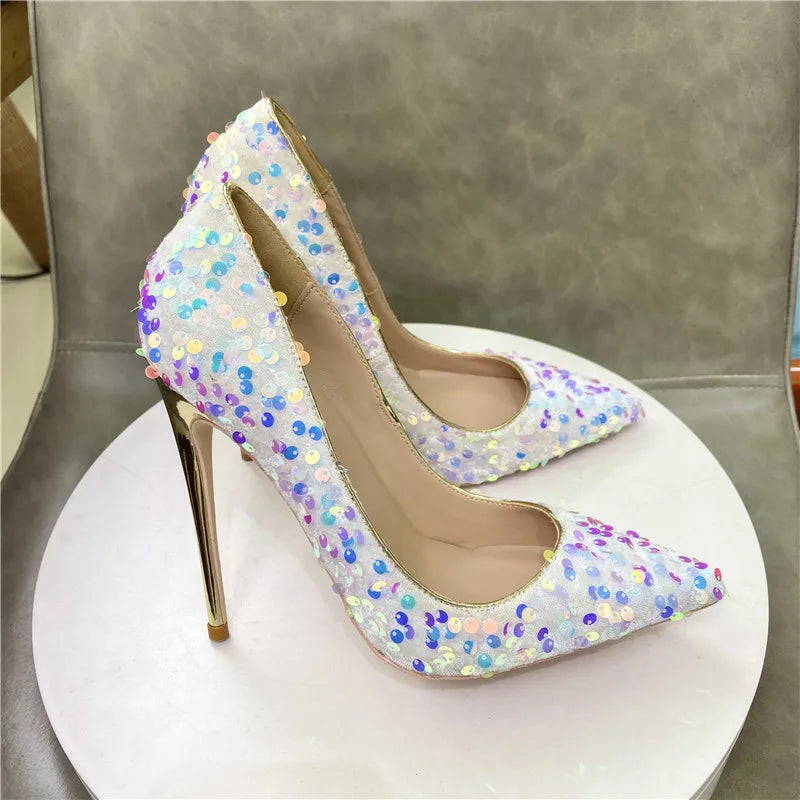 Women Wedding High Heels Fashion Pointed Toe 8CM 10CM 12CM Blingbling Party Dress Shoes Plus Size 45 Glitter Sequis Woman Pumps