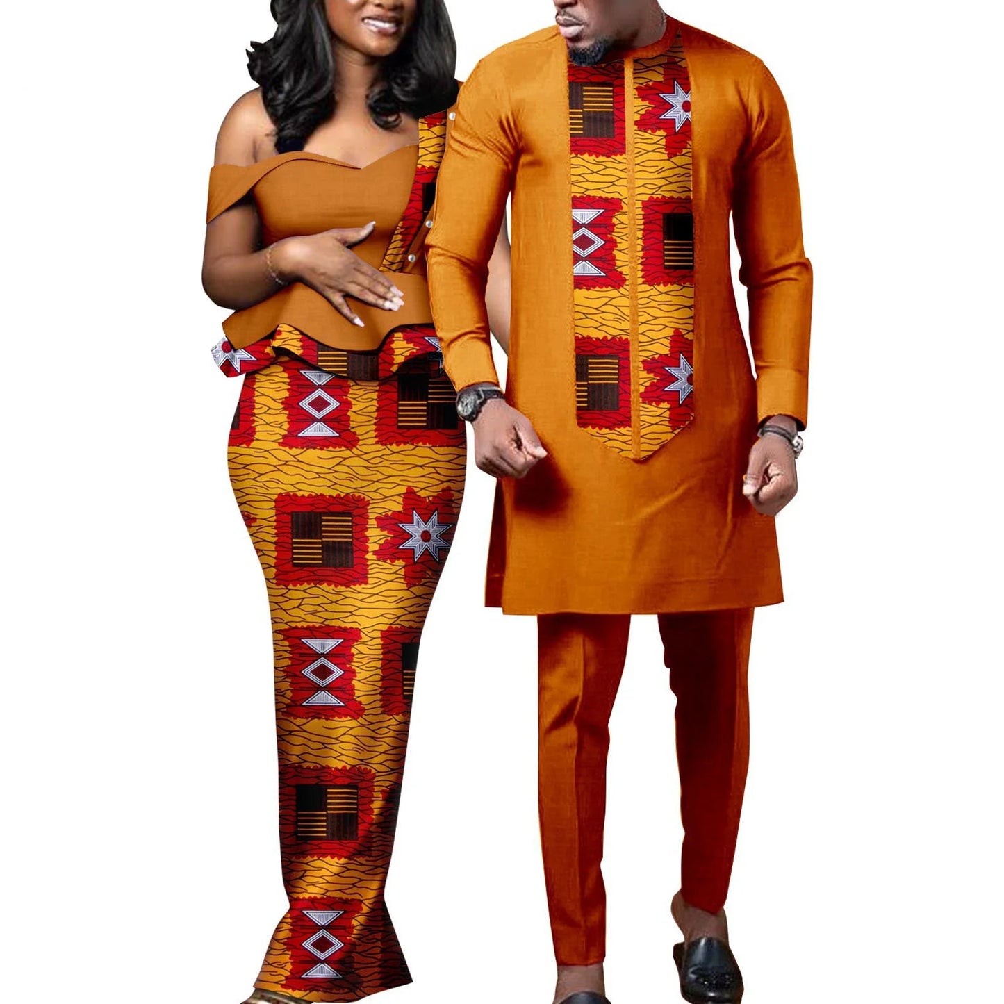 African Dresses for Women Match Bazin Lover Couple Clothes Print Mermaid Evening Dresses Men Outfits Shirt and Pant Sets Wedding