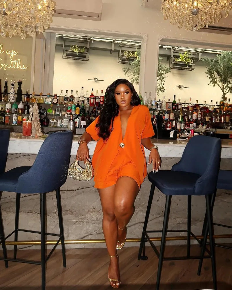 Women's African Style 2 Piece Set Sexy Summer Orange Deep V Neck Blazer & High Waist Shorts Elegant Party Club Outfits