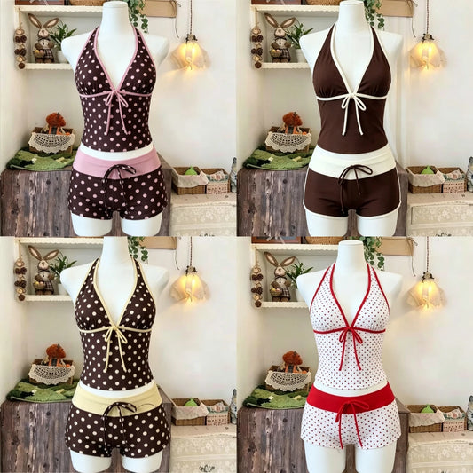 V-Neck Beach Style Bikini Swimwears Women 2-Piece Tankini Suits Halter Tie Cami Top Bodycon Contrast Waistband Swim Beachwear