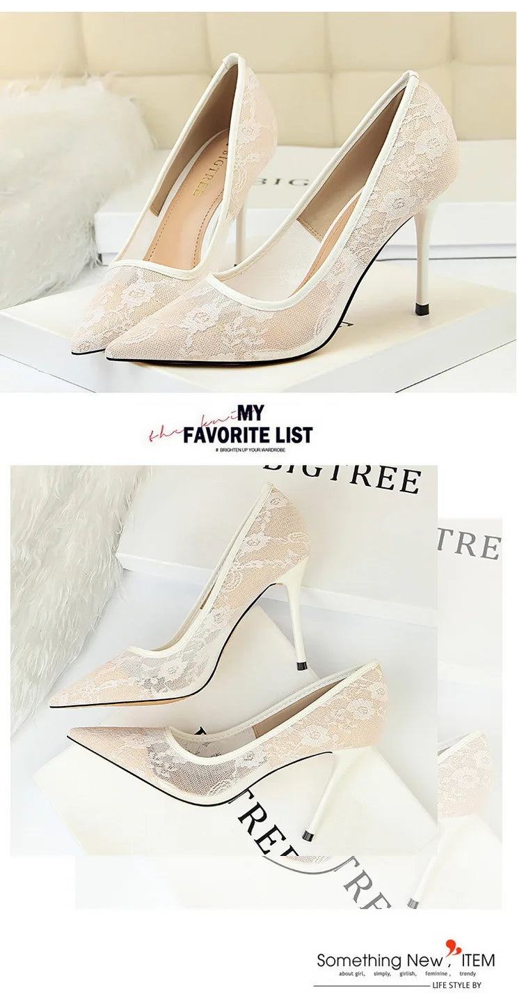 Women Fashion Sexy Pumps High Heels Shoes Female Sexy Wedding Shoes Ladies Stiletto Women New Pointed Toe Mesh Hollow Lace Heels