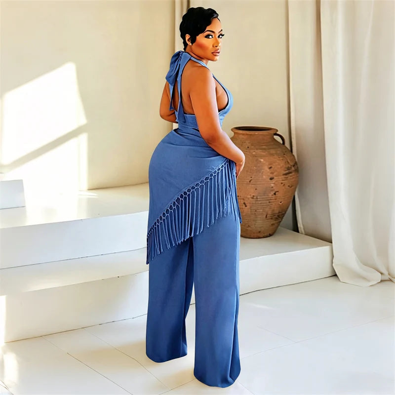 Sexy Two Piece Sets Woman Festival Outfit Birthday Club Party Bandage Halter Backless Crop Top and Tassel Pants Matching Sets
