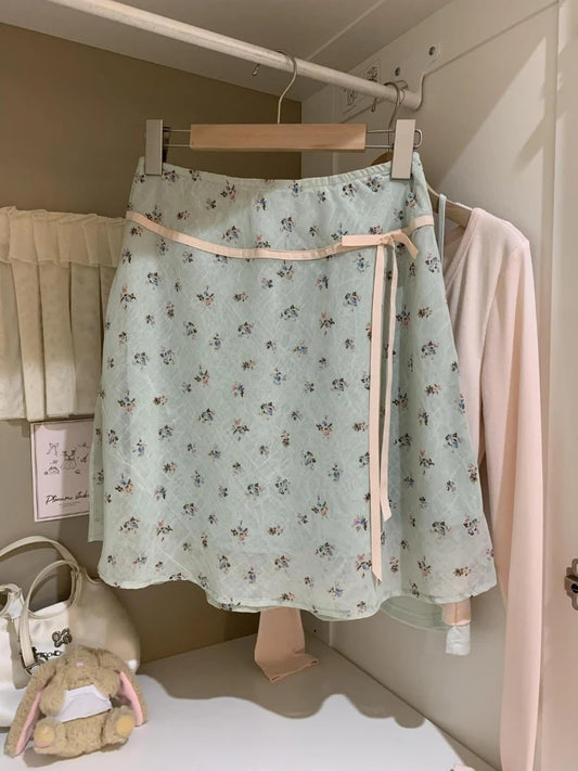 Summer France Sweet Print Short Skirt Women 2026 Hot Girl Fashion Designer Loose Thin Elastic Waist Bow Green Skirts Female New