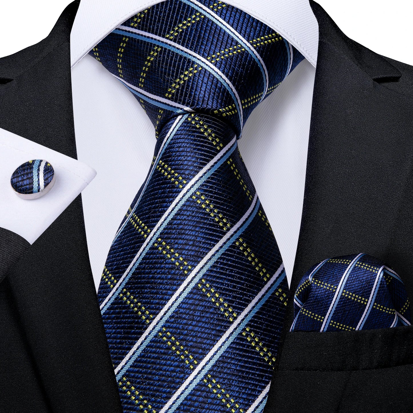 Royal Blue Paisley Plaid Striped Men tie Set with Handkerchief Cufflinks Wedding Prom Groom Accessories Perfect Gift for Men BAZAARHUBO
