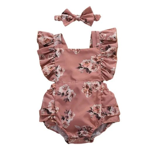 Baby Girl Romper White Pink Flower Romper for Newborn Girls Jumpsuit Headband Outfit Toddler Infant Sunsuits
