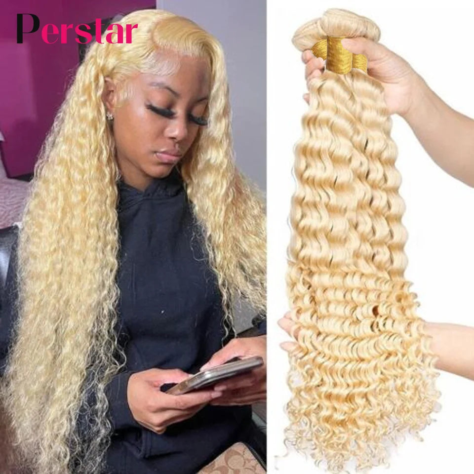 Perstar 613 Blonde Deep Wave Human Hair Bundles Brazilian Hair Extensions 613 Honey Blonde Deep Curly Bundles Human Hair Weave