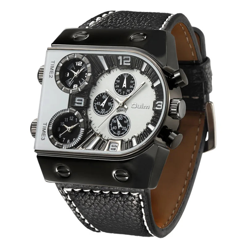 Oulm Top Men's Watches Mens Quartz Casual Leather Strap Wristwatch Sports Man Multi-Time Zone Military Male Watch Clock Relogios