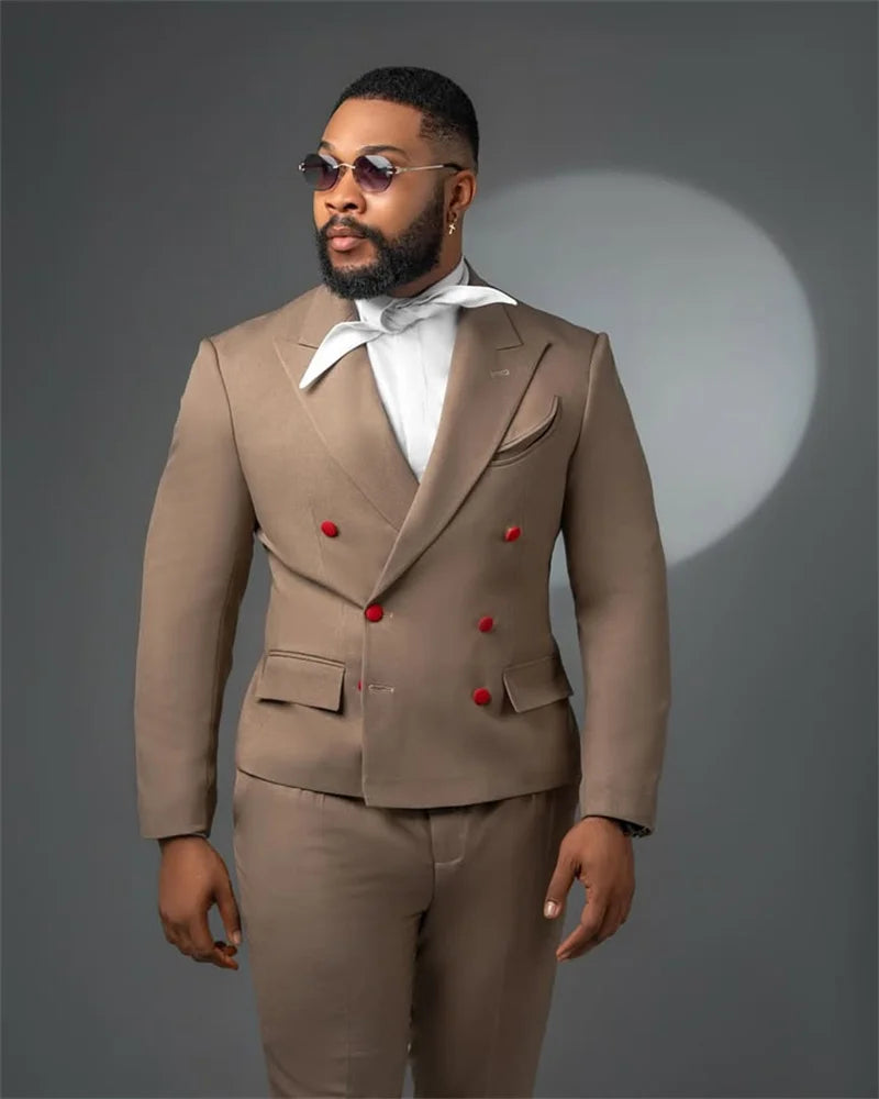 Brown Men Suits Set 2 Pcs Blazer+Pant Trousers Cotton Wedding Tuxedo Red Double Breasted Formal Office Groom Male Jacket Coat
