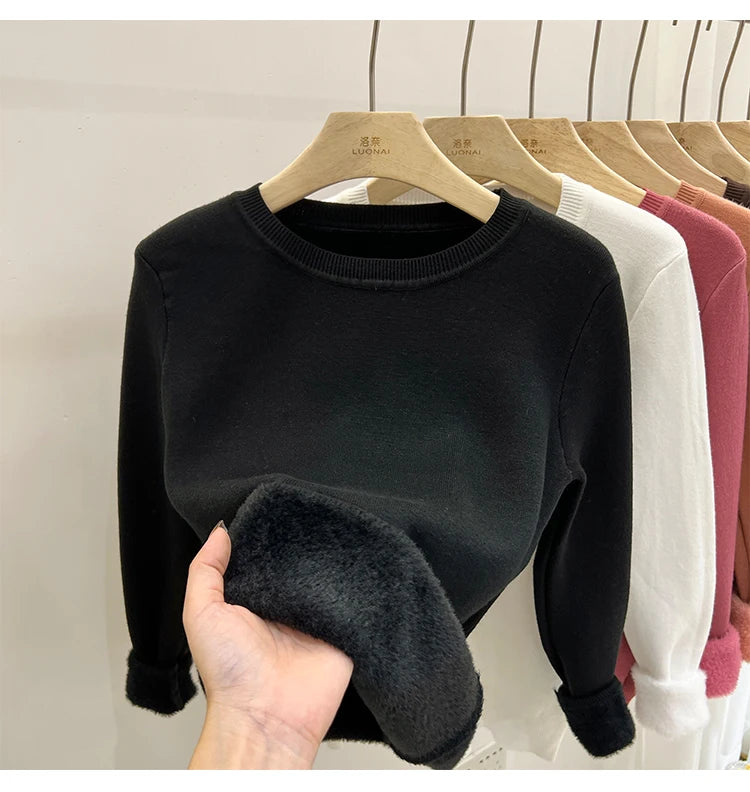 Women's O-neck Velvet Thicken Sweaters Winter Slim Warm Long Sleeve Knitted Tops Casual Plush Fleece Lined Soft Pullovers Ladies