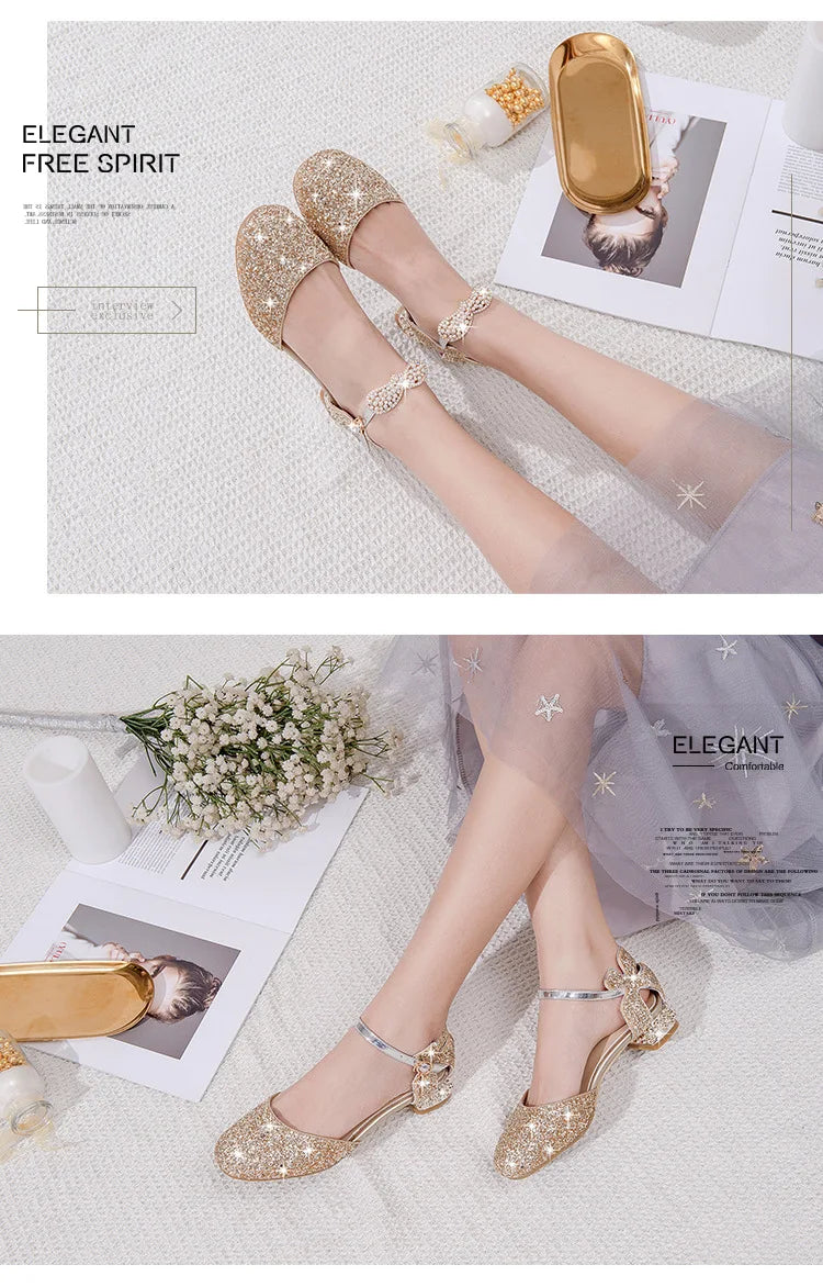 Princess Kids Leather Shoes Girls Sandal Sweet Pearl Casual Glitter Children High Heels Girls Party Dance Shoes Pink Gold Silver