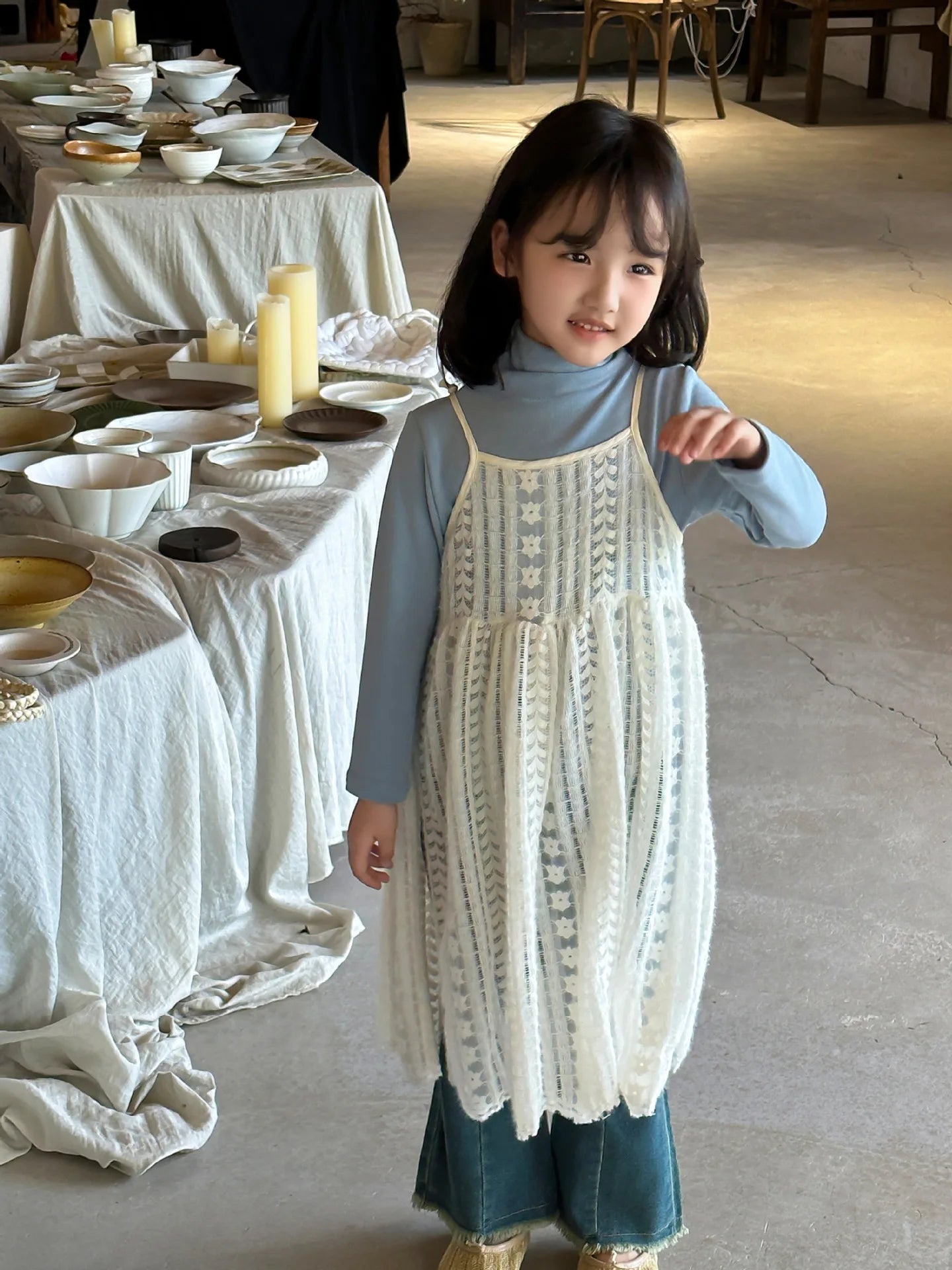 Girl Casual Dresses Autumn Winter Childrens Clothing New Korean 2026 Lace Camisole Skirt Washing Retro Make Old Jeans
