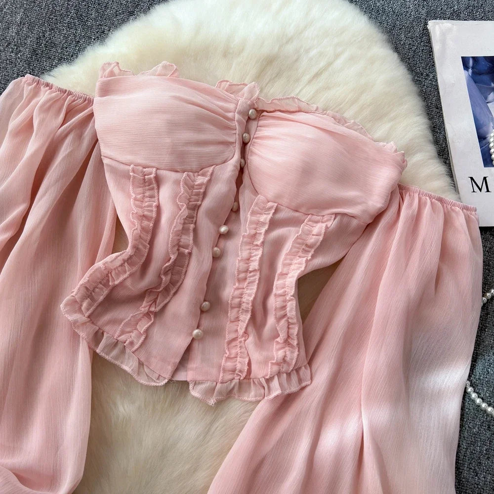 Chiffon Blouse for Women Slash Neck Off Shoulder Solid Color Camisas Ruffles Folds Backless Summer Blusas De Mujer Chic Dropship