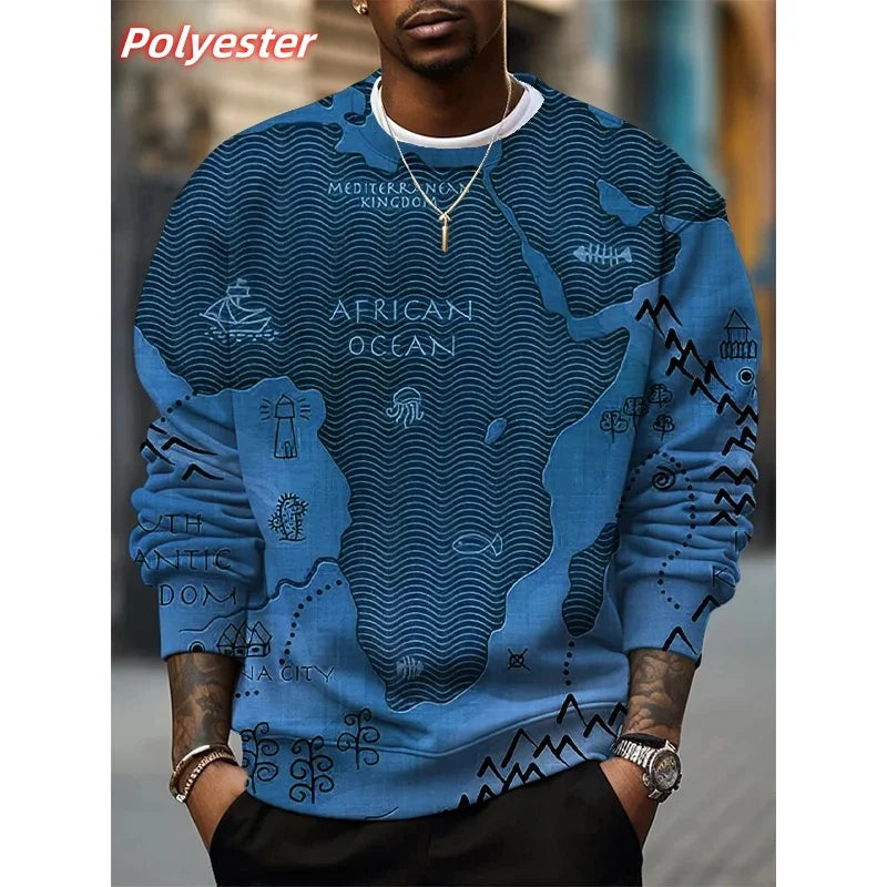 African Ocean Pattern Hoodie For Men Africa Map 3D Printed Pullover Autumn Long Sleeve Loose Round Neck Hoodies Sweatshirt Tops