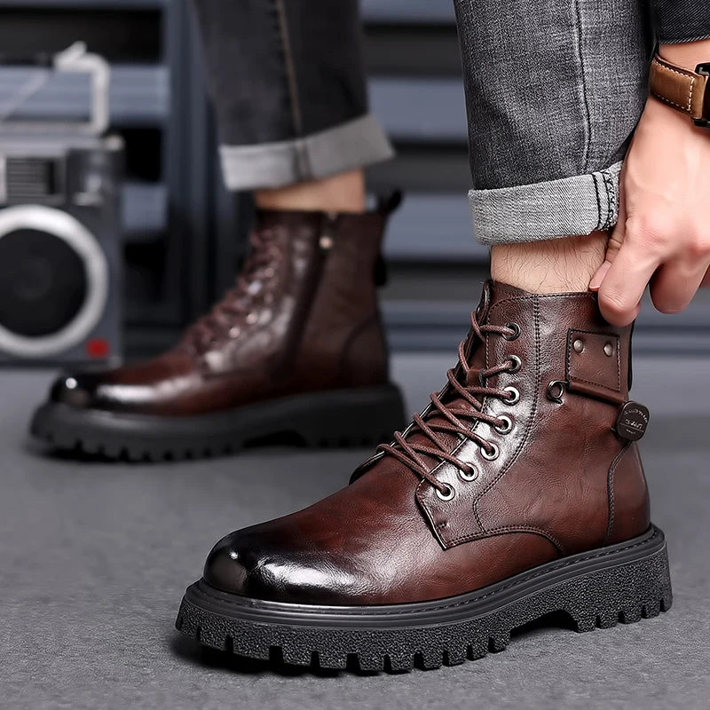Luxury Brand Men Genuine Leather Stylish Ankle Boots Winter Classic Lace-up Antiskid Thick Bottom Boots Men Casual Leather Shoes