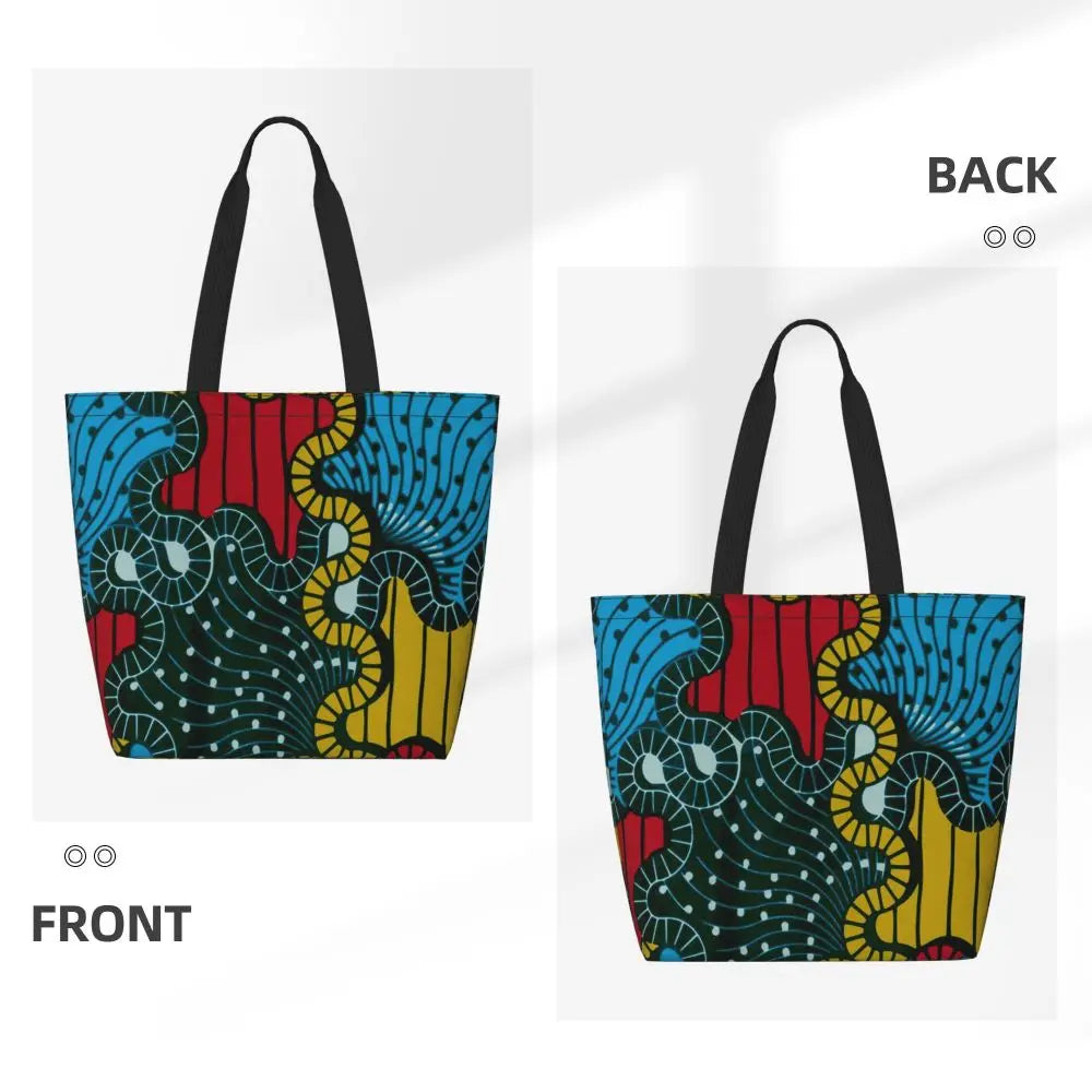 African Ankara Prints Grocery Shopping Tote Bags Women Geometric Ethnic Art Canvas Shoulder Shopper Bags Big Capacity Handbag