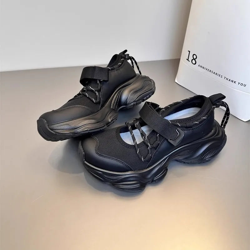 Women's Breathable Mesh Hollow Out Thick Bottom Casual Sports Shoes Thin Mary Jane Shoes Magic Tape Leisure Sports Shoes