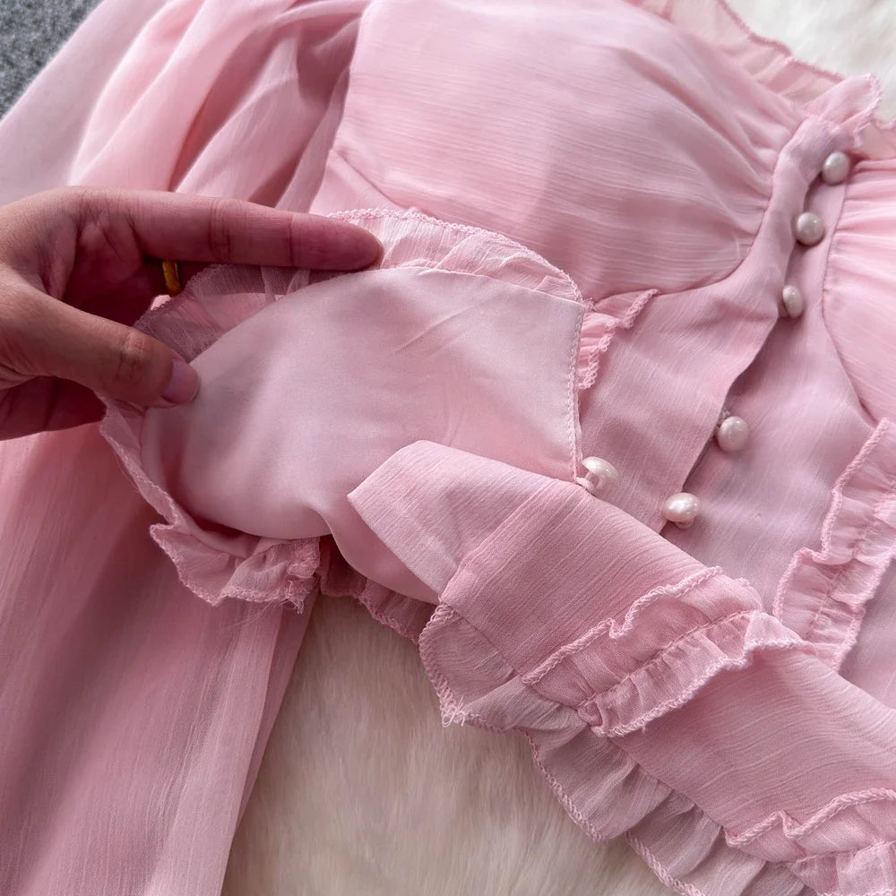 Chiffon Blouse for Women Slash Neck Off Shoulder Solid Color Camisas Ruffles Folds Backless Summer Blusas De Mujer Chic Dropship