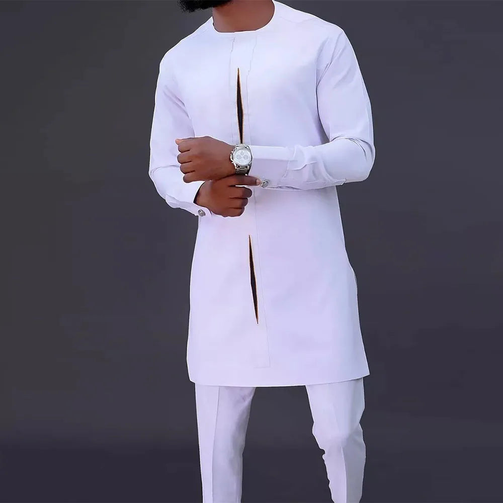 African Traditional Man Outfit Men 2PCS Suits Long-sleeved Round Neck Male Sets Shirt Top Pant Ethnic Style Casual Wear clothing