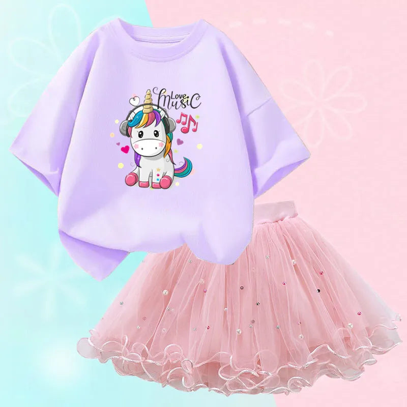Dresses For Girl Summer Fashion Wear Outfit Kids T-Shirt Suit Unicorn Party Baby Costumes For Children Tulle Tutu Skirt Clothing