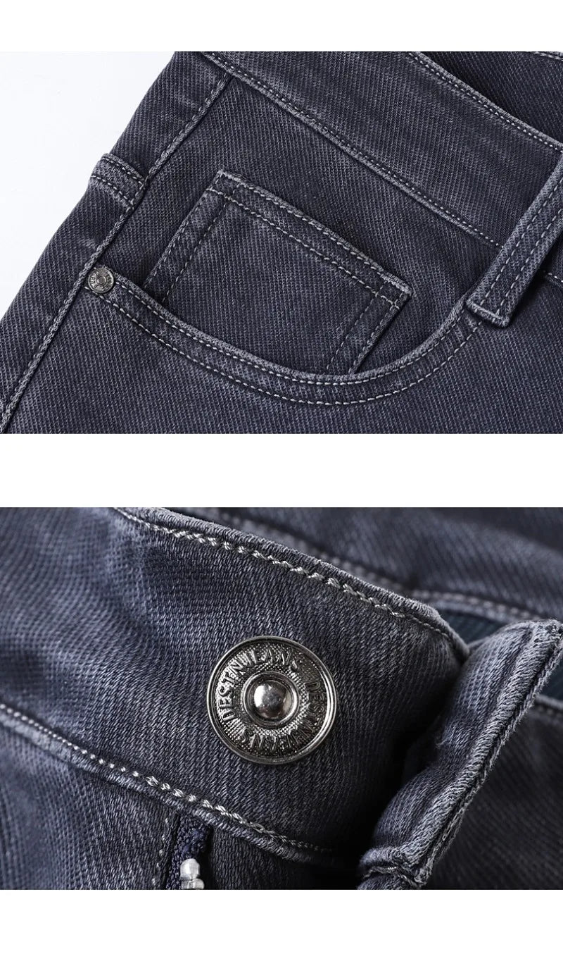 Gray Jeans Men's Fashion Spring Autumn Casual Elastic Trousers Classic Straight Business Work Vintage Washed Denim Pants