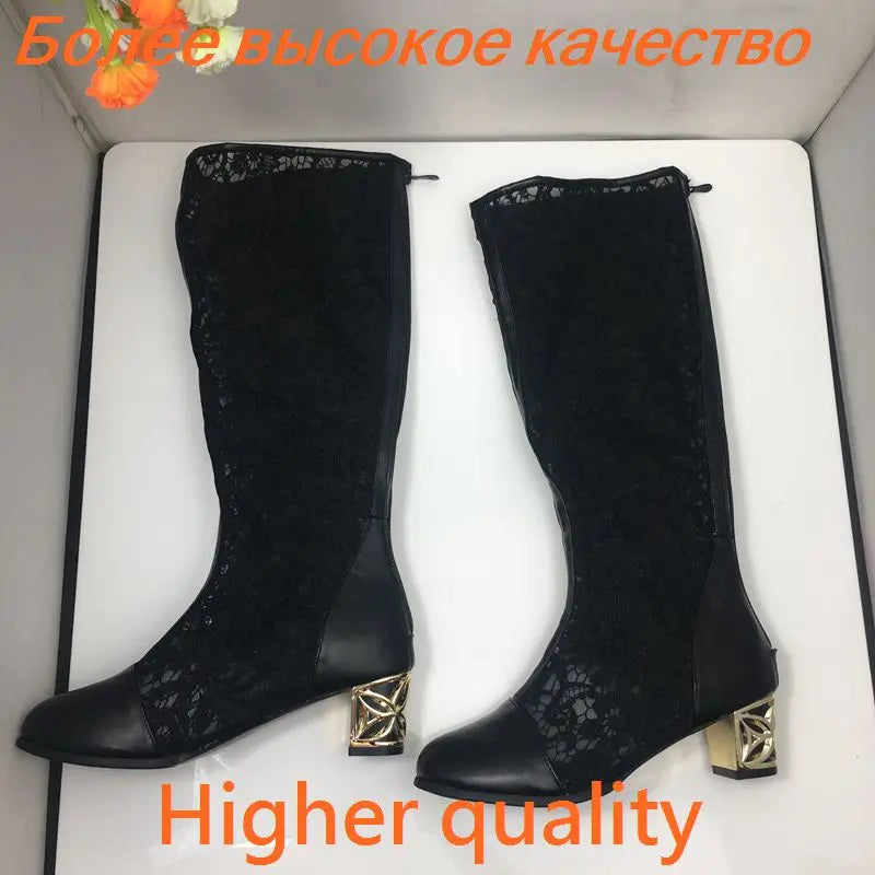 ORCHA LISA Spring Summer Boots Shoes Women Med Heels Knee Flower Lace Female Zipper Glitter Sexy White BiG Size 43 44 45