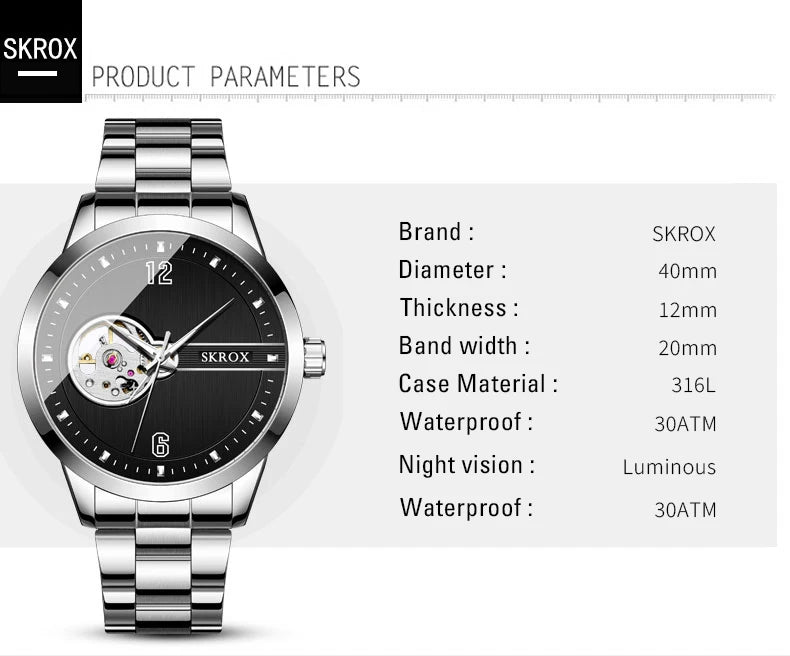 Original Genuine SKROX High-end Luxury Stainless Steel Skeleton Automatic Mens Watch Mechanical Waterproof Elegant Wrist Watches