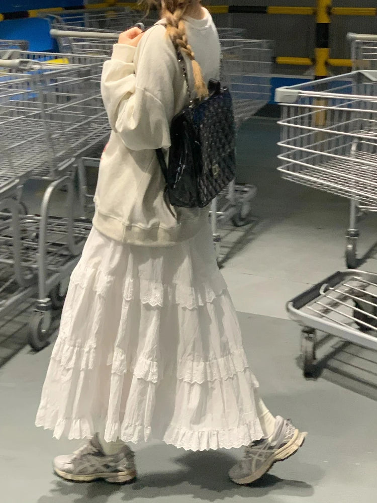 New Fashion 2025 A-line Loose Skirts Woman Korean Style Female Lace Fashion Leisure Spring Ankle-length Skirt Women