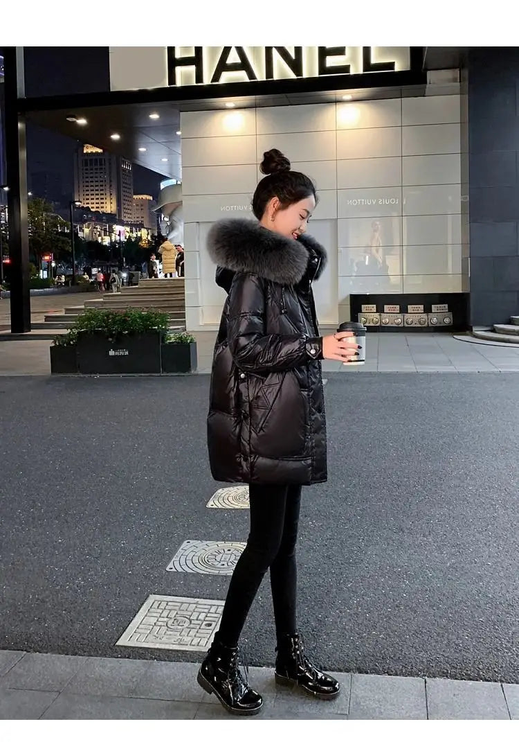 Black Down cotton Jacket Women's 2025 New Korean version Thick fur collar Loose Wash free Winter Coat Female Warm Parka Overcoat