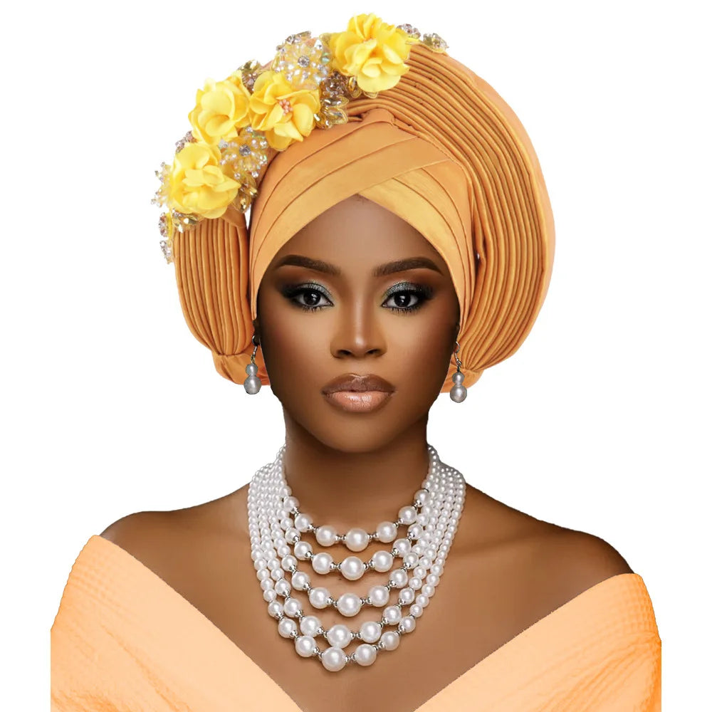 Fashion African Headtie Turban Nigeria Head Ties Flowers Already Made Auto Gele Women Head Wraps for Wedding Party Headpiece New