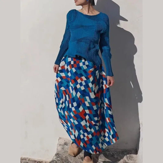 Geometric Print Pleated Midi Skirt Artistic Modern Vibrant Trendy Daily Casual Stylish Essential Layering Pieces