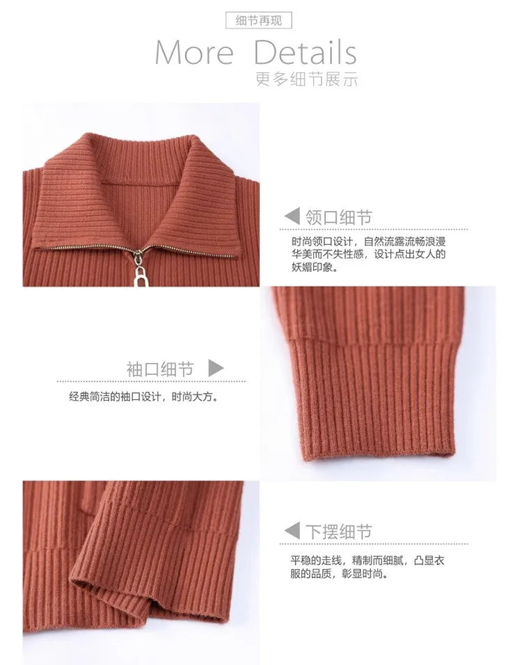 Knitted Cardigan Jacket Women Zipper Lapel Sweater Autumn Winter Outerwear