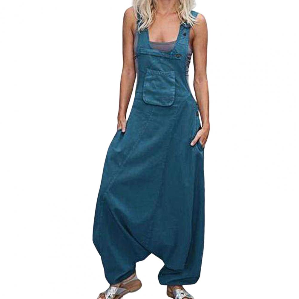 Women Summer Loose Thin Jumpsuits Harem Pants Wide Leg Pants Sleeveless Pockets Bib Jumpsuit Siamese Trousers Large Size S-5XL