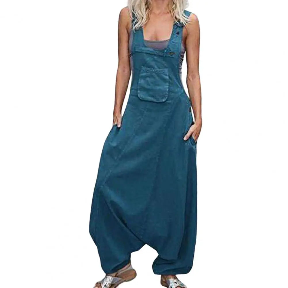 Women Summer Loose Thin Jumpsuits Harem Pants Wide Leg Pants Sleeveless Pockets Bib Jumpsuit Siamese Trousers Large Size S-5XL