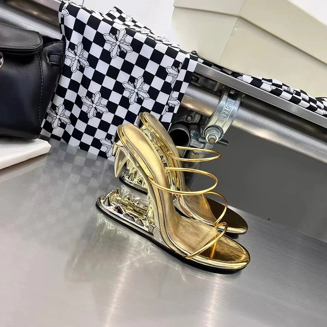Spring Fashion Show, Teeth Shaped Heels, High Heels with Exposed Toes, Sloping Heels, Round Toe Fashion Women's Shoes