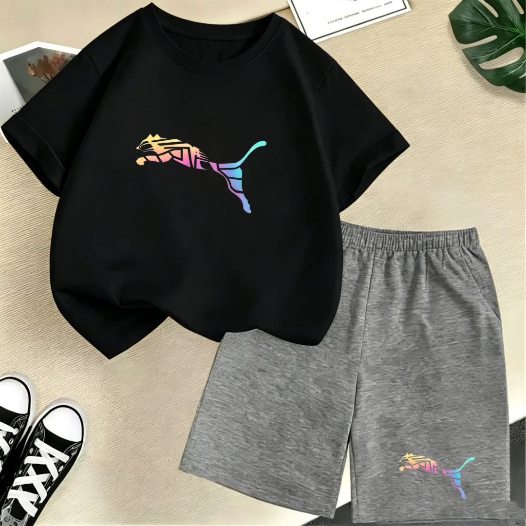 Kids Summer Casual Round Neck T-shirt Colorful Gradation Animals Boy Girl3-12Yrs Short-Sleeved+Shorts Fashion Sports Clothes Set