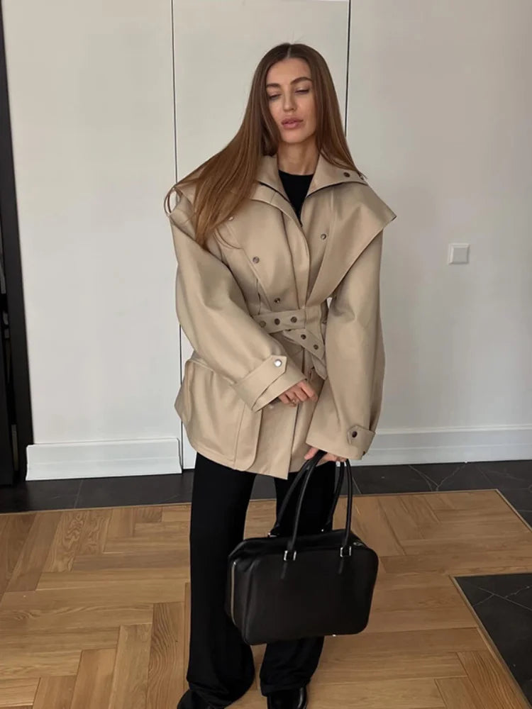 Solid Oversized Tie-waist Cropped Trench Coat Women Drop Shoulder Outerwear 2026 Lady Spring Modern Edgy Fashion Streetwear Coat
