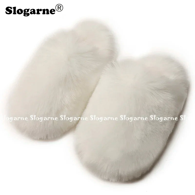 Ladies Winter High Quality Fox Fur Slippers Women Warm Fur Slides Girls Luxury Furry Slippers Soft Comfortable Home Cotton Shoes