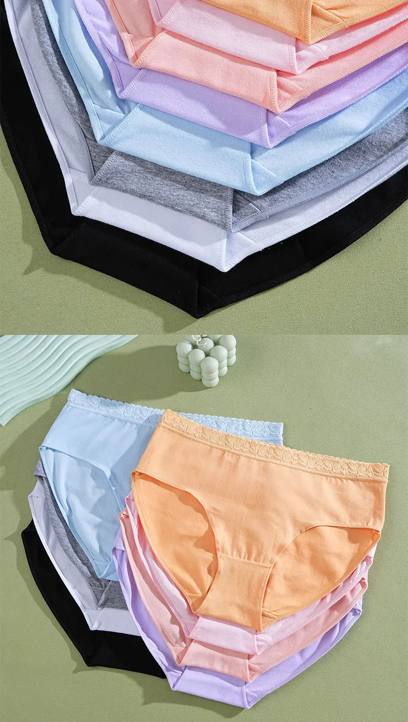 FINETOO 5PCS/Set Women Cotton Panties Sexy Low Waist Briefs Lace Cotton Female Comfortable Underwear Solid Color Soft Lingerie