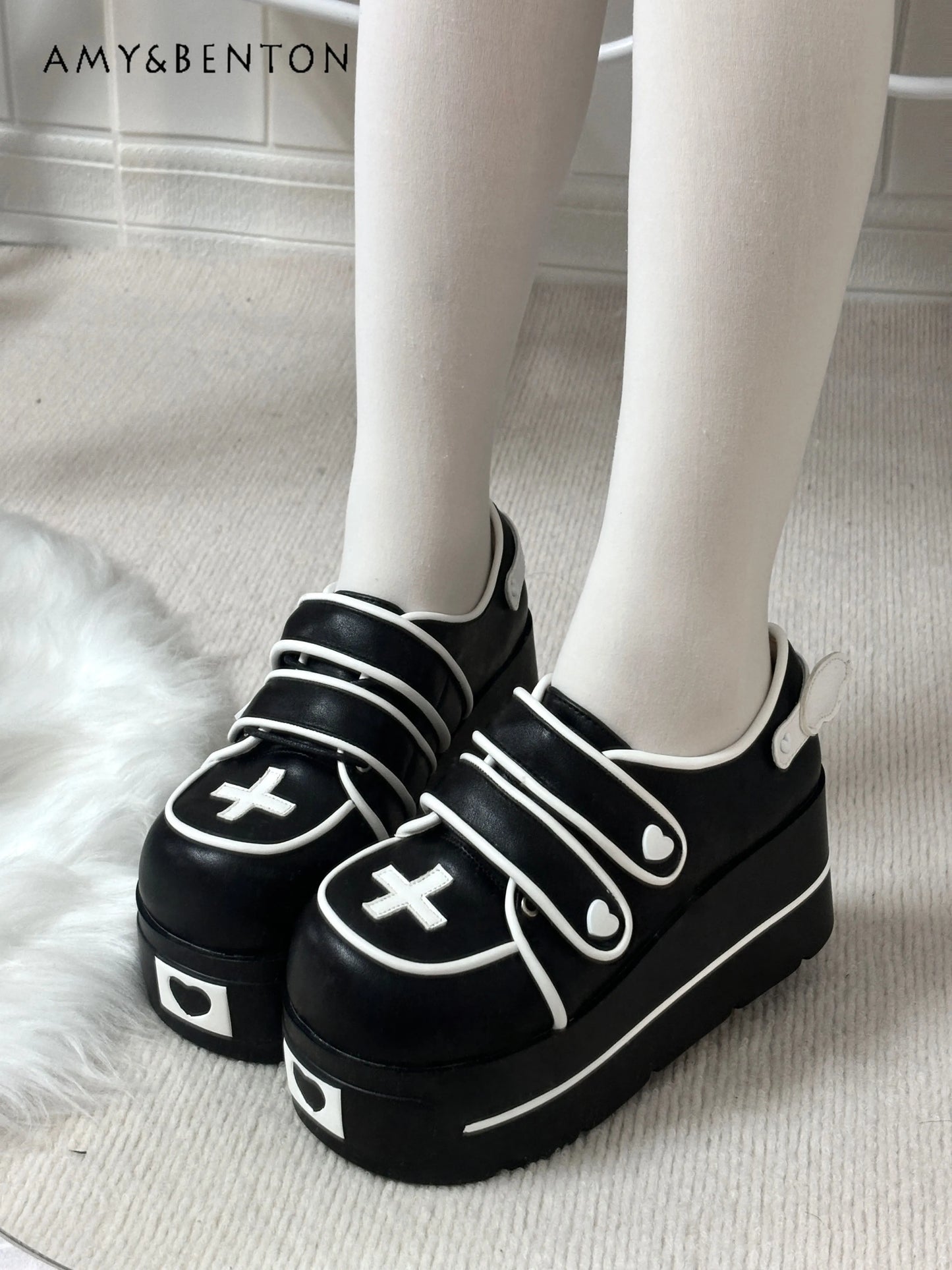 Original Japanese Cute Cross Print Thick-soled Muffin Shoes Subculture Sweet Cool Girl Round Head Pu Leather High Heels Women